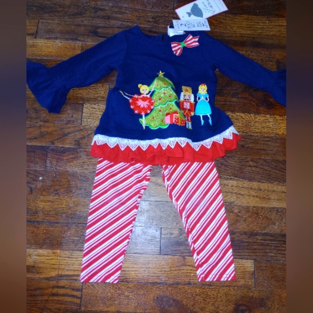 Festive Holiday Outfit with Striped Leggings Size 2t